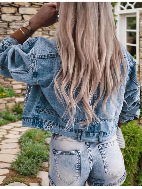 Jackets & Blazers - Light Wash Denim Jacket studded jean blazer long sleeve